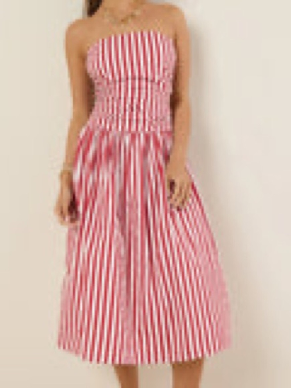 Smocked Strapless Red & White Striped Midi Dress